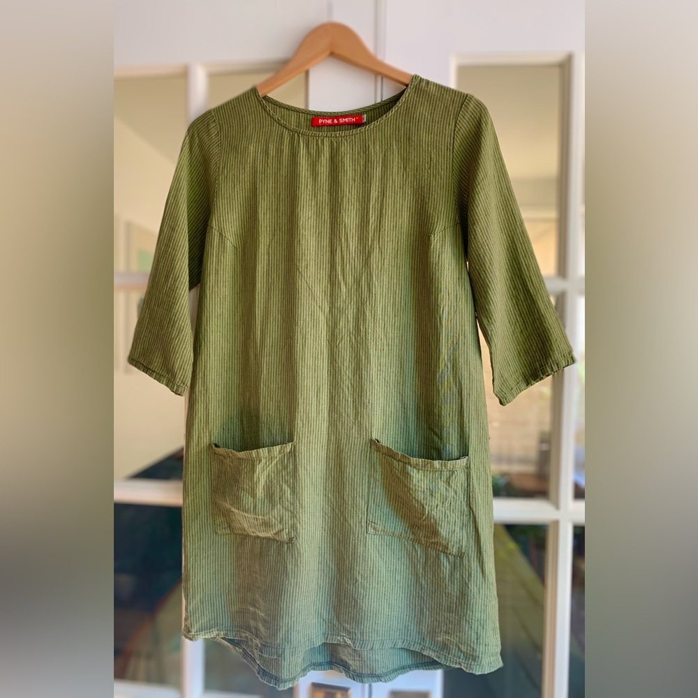 Pyne and Smith Linen Shift Dress in Fern Stripe, size Medium - Picture 3 of 9